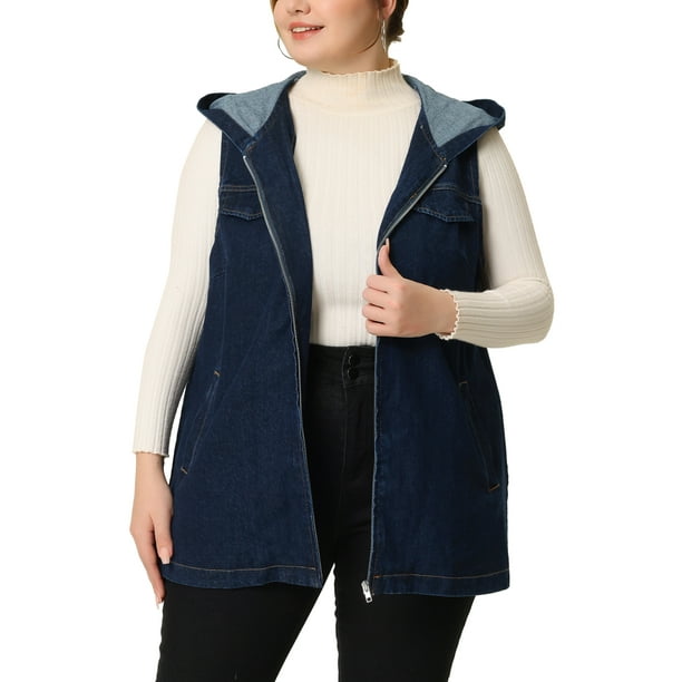 Chaqueta sin mangas con cremallera de mezclilla para mujer de tallas grandes Agnes Orinda, otoño, negra y azul, 1X