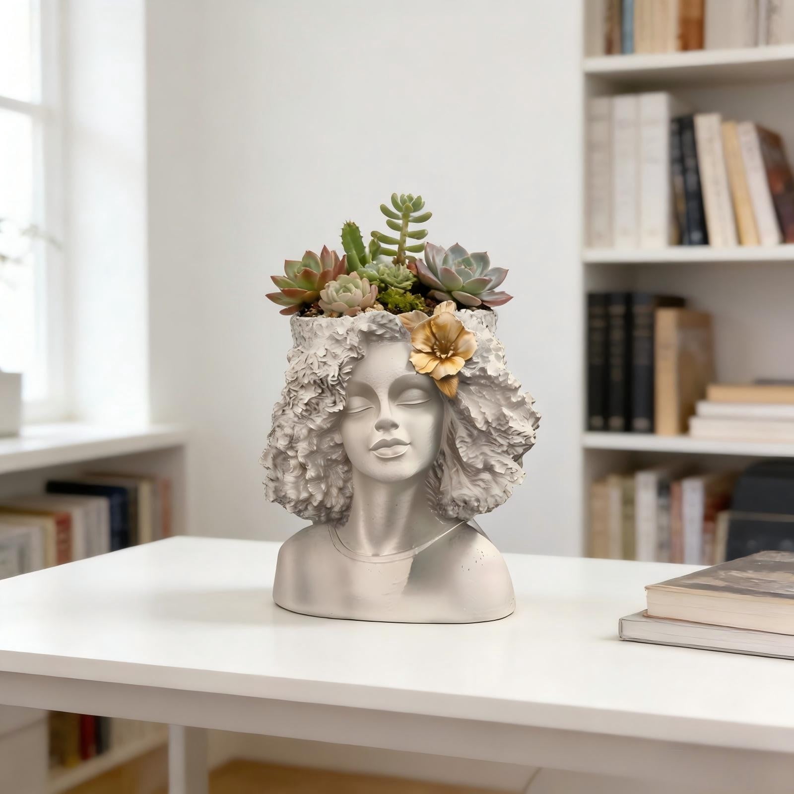 Lady Head Planter Afros Bust Head Planter Indoor/Outdoor Statue Planter Garden Outdoor Decor Vintage Sculpture Planter Gift For Plants Lovers,White,8.9L*6.5W*12.2H(inch)