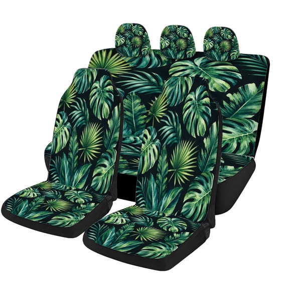 Bold Deep Green Jungle Leaf Car Seat Covers Full Set, Universal Auto Seat Covers with Front Seat Covers, Rear Bench Cover and Headrest Covers for Cars SUVs Trucks Vans