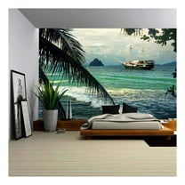 wall26 - Beautiful Seascape with Sailing on The Sea of Old Ships Against Cloudy Sky and Islands - Removable Wall Mural | Self-Adhesive Large Wallpaper - 66x96 inches