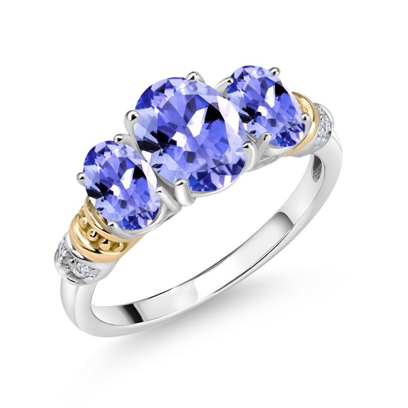 Gem Stone King 925 Sterling Silver and 10K Yellow Gold Oval Blue Tanzanite and White Diamond 3 Stone Ring for Women (2.09 Cttw, Gemstone December Birthstone, Size 8)