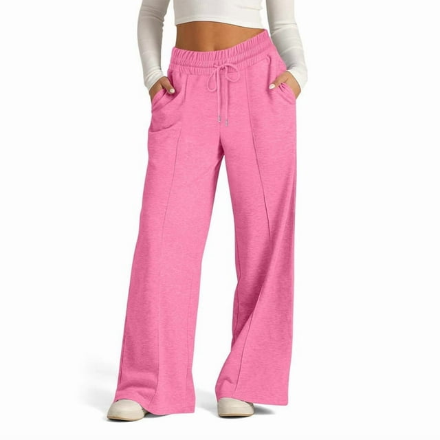 Pantalones Deportivos de Pierna para Mujer, Holgados, con Cordón Elástico, de Cintura Alta, Estilo Palazzo. Rosa M