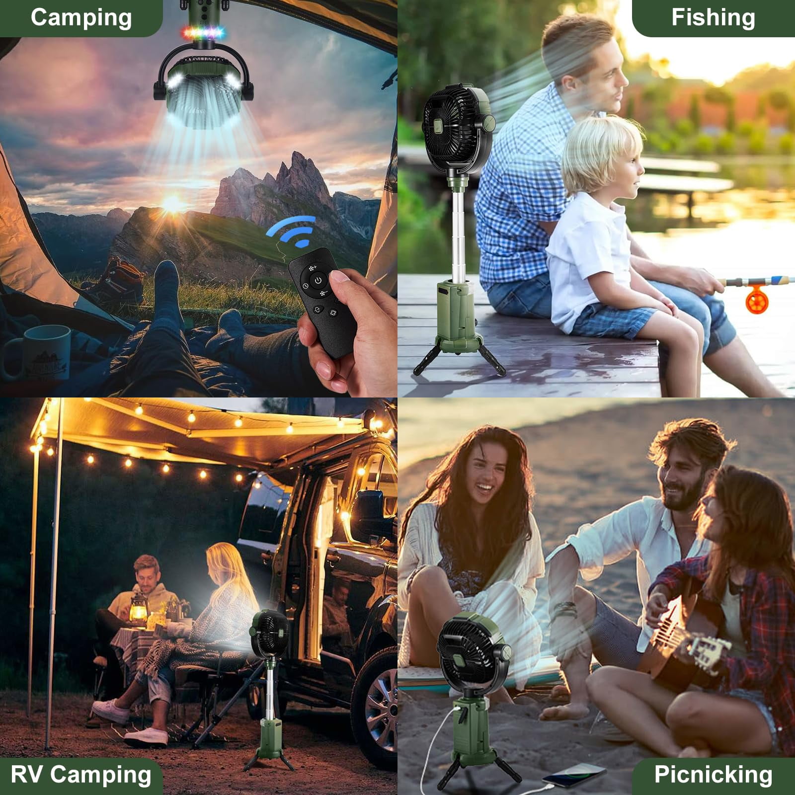 20000mAh Portable Fan Battery Operated Fan, Oscillating Charging Fan, Remote Control LED Light, Portable Extendable Fan for Camping Travel Outdoor