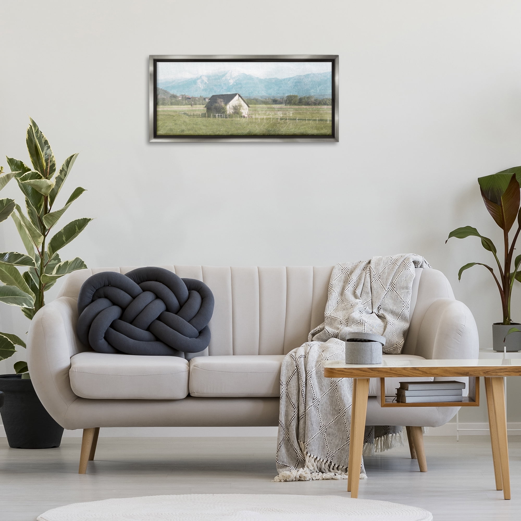 Stupell Industries Rustic Barn & Tractor Landscape & Nature Painting Gray Floater Framed Canvas Art Print Wall Art, 31 x 14