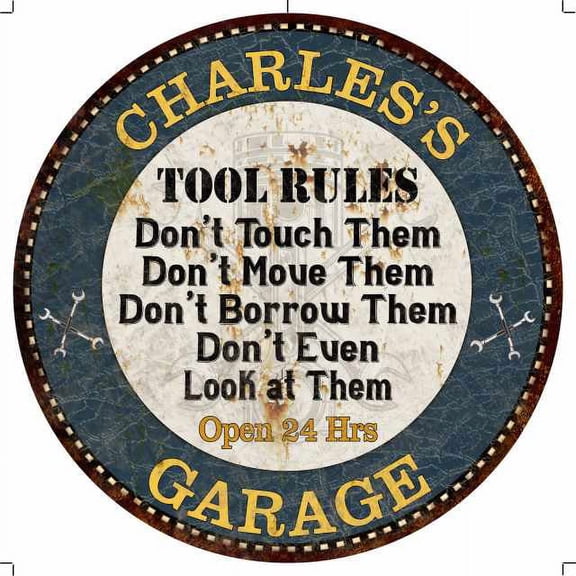 CHARLES'S Garage Rules 14" Round Metal Sign Garage Wall Decor 100140015380
