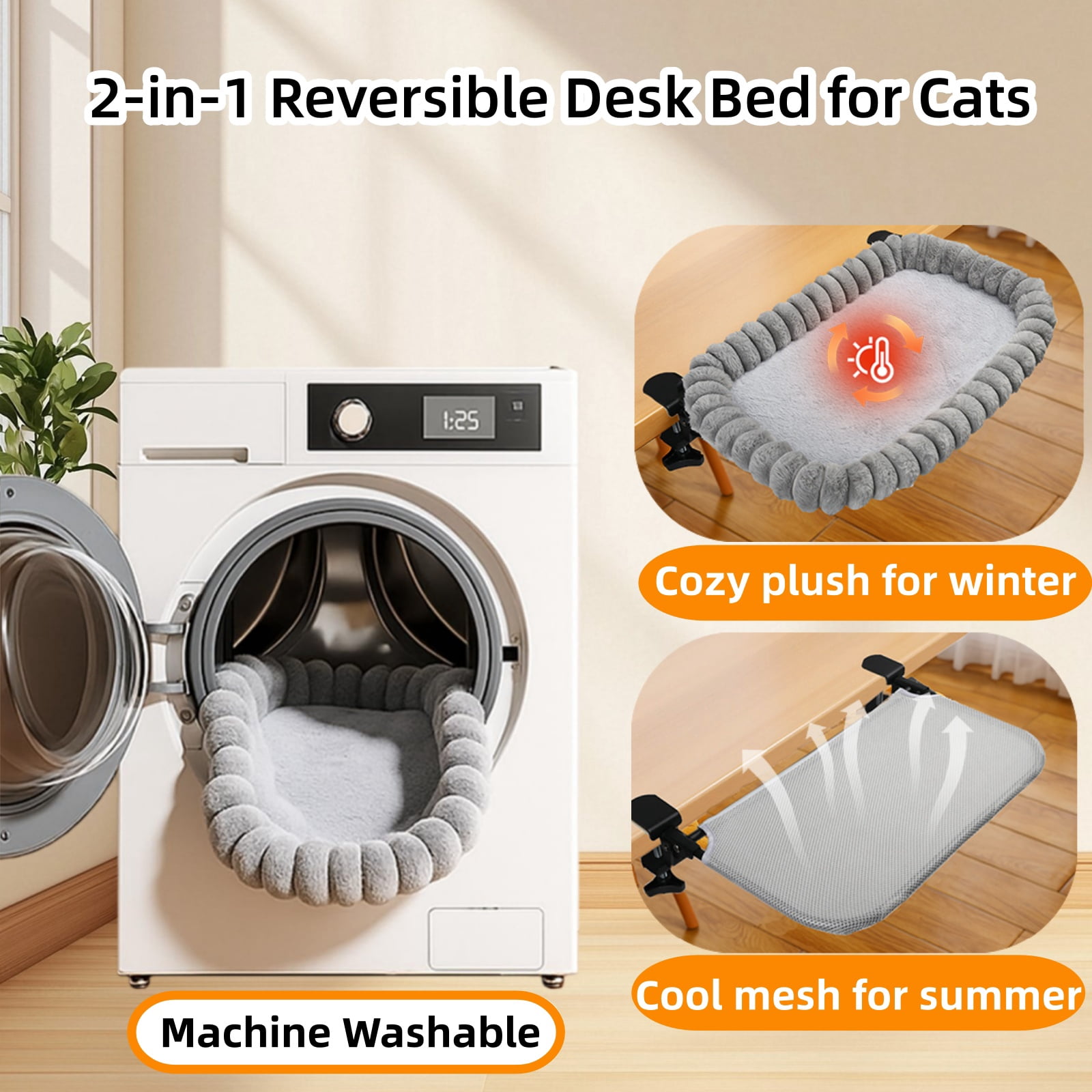 Clamp-On Hammock Rabbit Faux Fur Cat Desk Bed, Grey, Medium