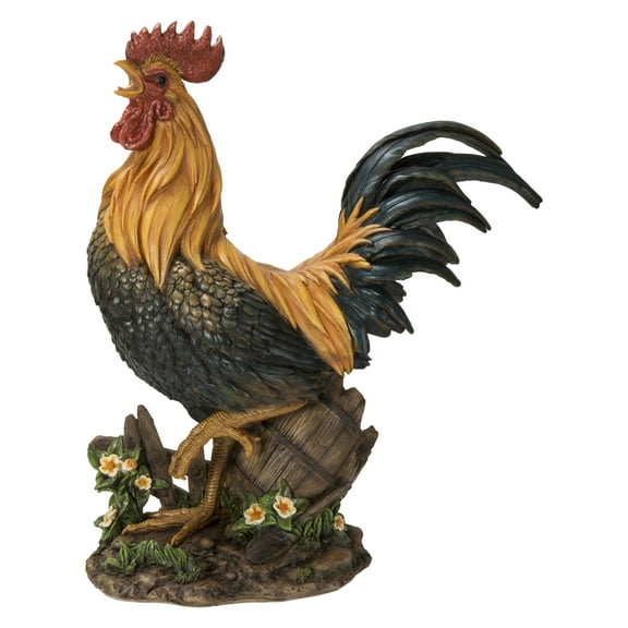 Hi-Line Gifts 22.5" Large Roosters on a Wood Barrel Outdoor Garden Statue