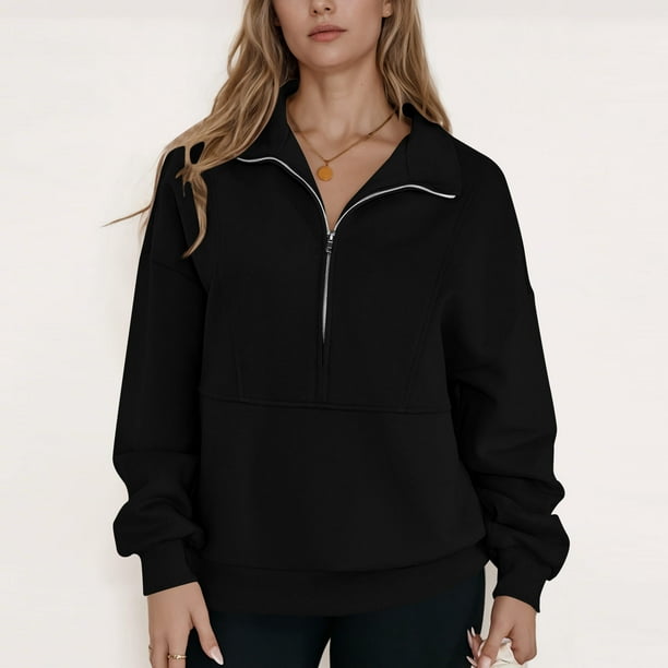 HongQid Women's Half Zip Sweatshirts Fleece Stand Collar Long Sleeve Oversized Pullovers with Pockets