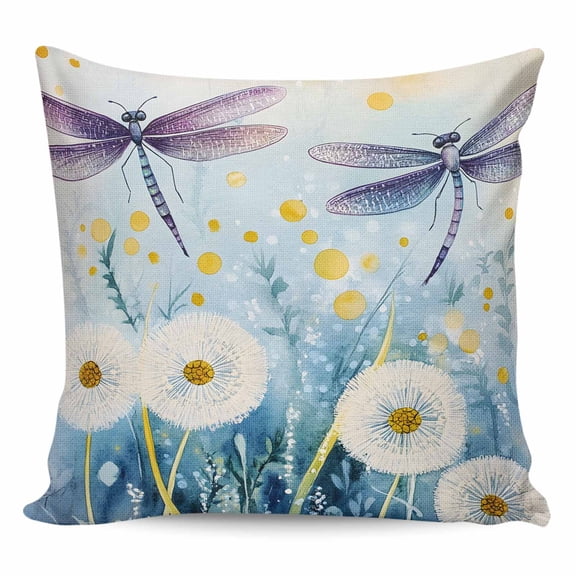 Throw Pillow Covers 18x18 Inch, Spring Summer Floral Decorative Pillow Cases for Couch Sofa Bed, Watercolor Summer Dragonfly Cotton Linen Square Home Decor Pillowcases with Hidden Zipper