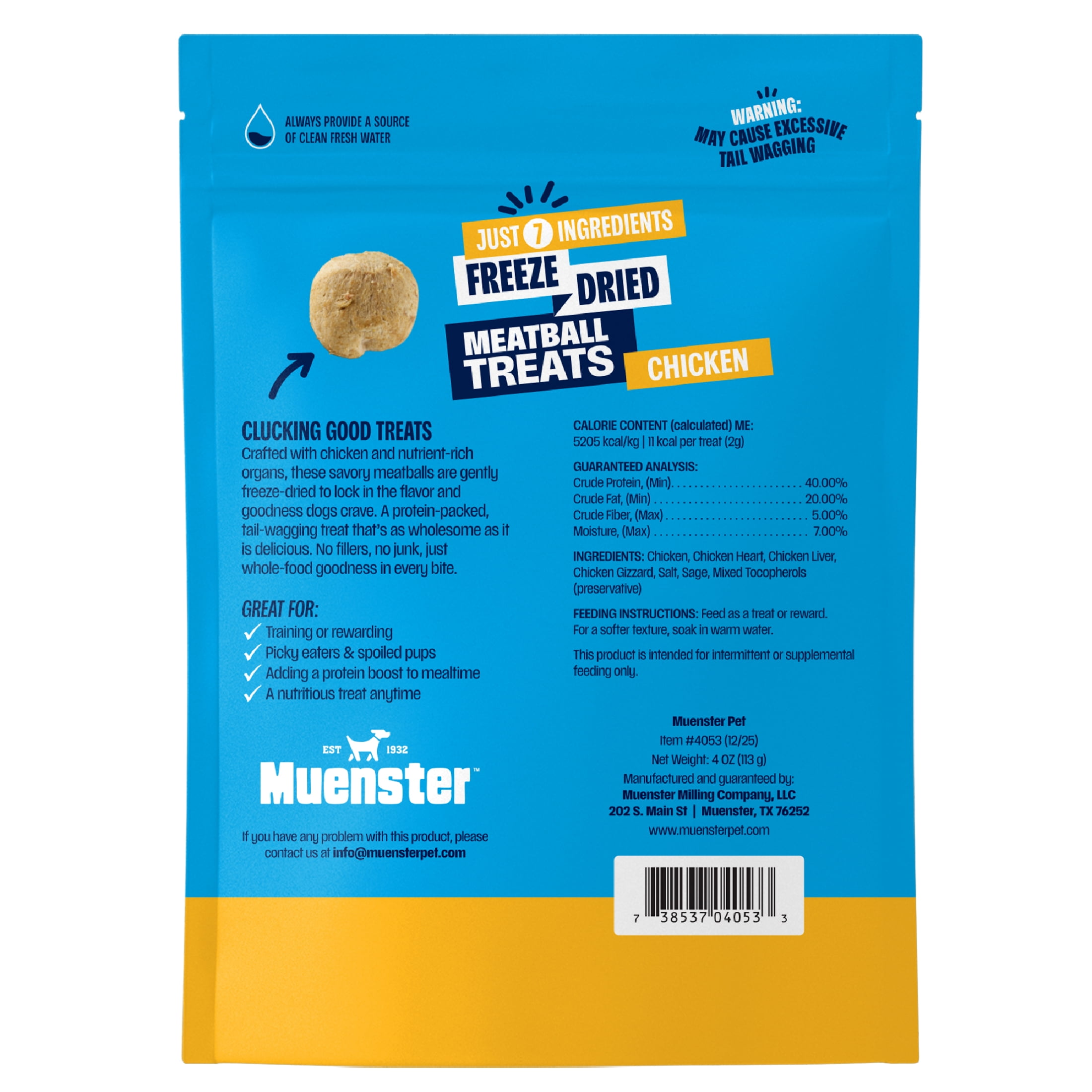 Muenster Freeze-Dried Chicken Meatball Dog Treats, Limited-Ingredient High-Protein Dog Snacks, Low-Calorie Training Rewards, 4 oz Resealable Pouch