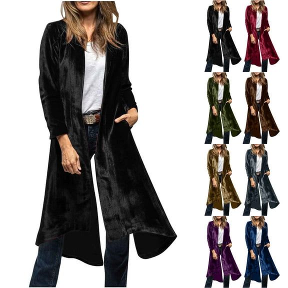 Otntypg Fall Womens Velvet Long Cardigan Tops Open Front Back High Slit Blazer Suit Jacket Loose Fit Casual Warm Trench Coat Outwear with Pockets Black M