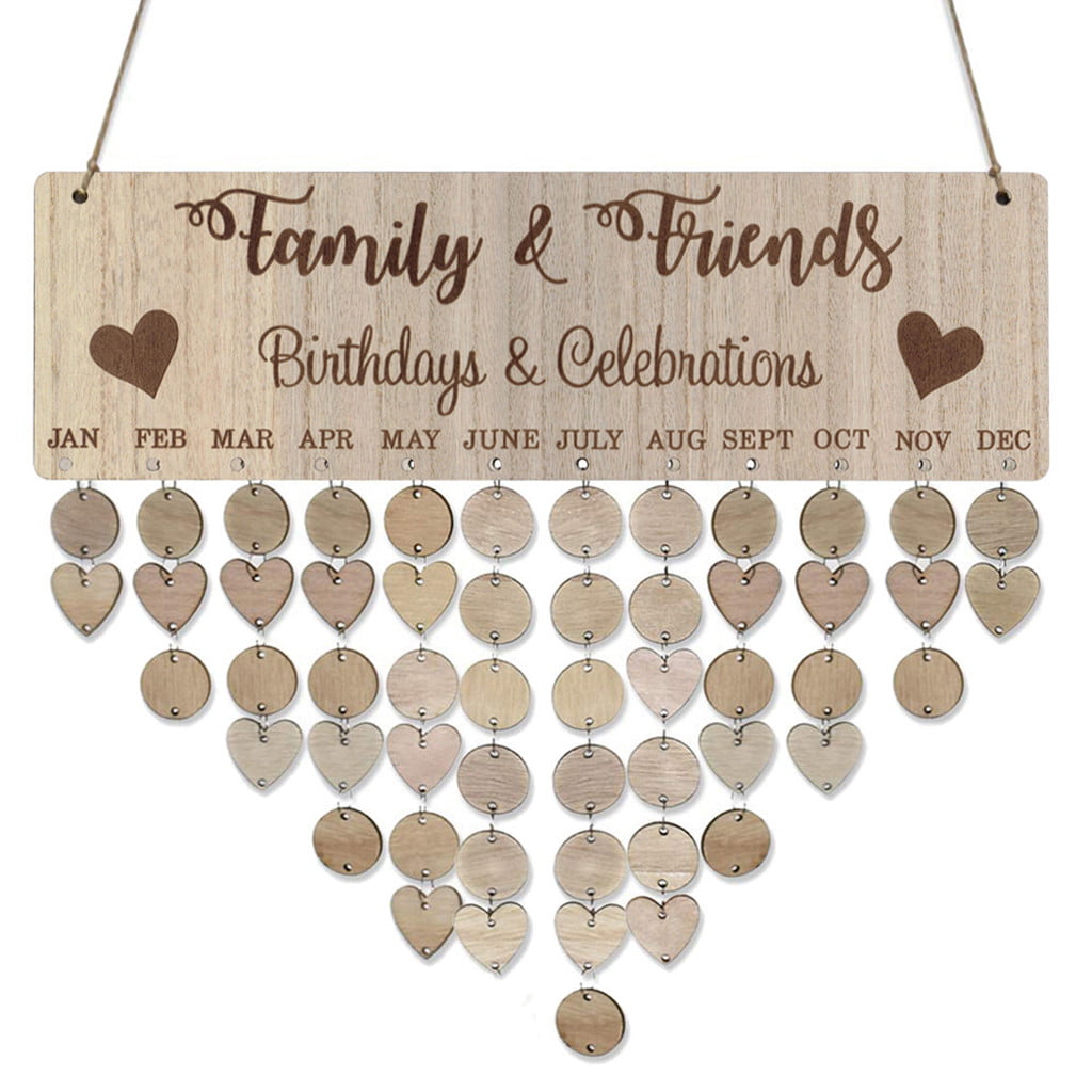 Family Birthday Wooden Reminder Calendar Board Wall Hanging Plaque Board with 50 PCS Wood Heart/Circle Tags and 50 PCS Iron Loops for Home Wall Decor 