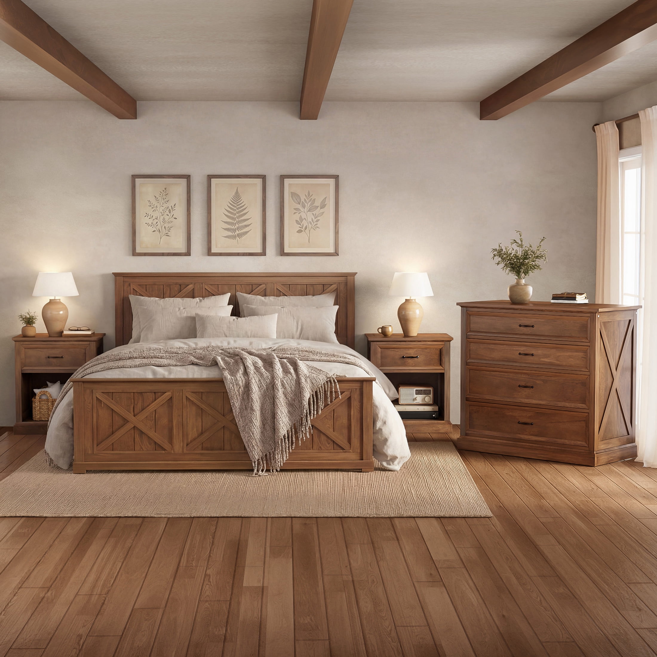 Noble House 4 Piece Queen Bedroom Set with Platform Bed, 2 Nightstands and Dresser, Walnut