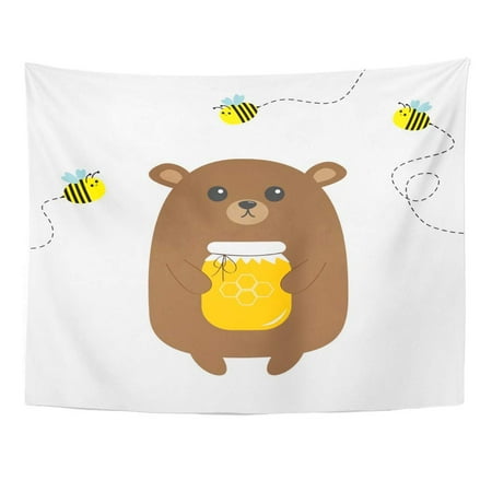 Honeycomb Dish - REFRED Grizzly Brown Bear Holding Honey Jar Honeycomb Flying Bee Insect Dash Line Track Cute Cartoon Funny Kawaii Wall Art Hanging Tapestry Home Decor for Living Room Bedroom Dorm 51x60 inch