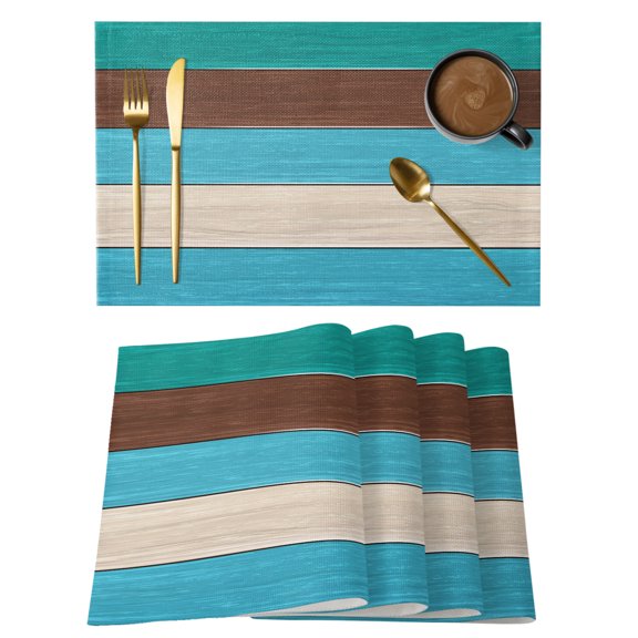 Teal Blue Brown Wood Grain Placemats Set of 2 Farm Barn Wooden Stripes Heat Insulation Washable Place Mats, Non-Slip Table Mats for Dining Table Party Kitchen Decor, 13x19 Inch