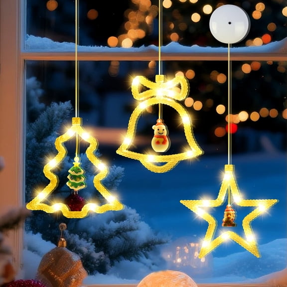 Qoosea Christmas Window Decorations,3 pack Window Lights with Suction Cups, Christmas Tree Bell Star LED Lights Indoor, Warm White, 3 Lighting Modes