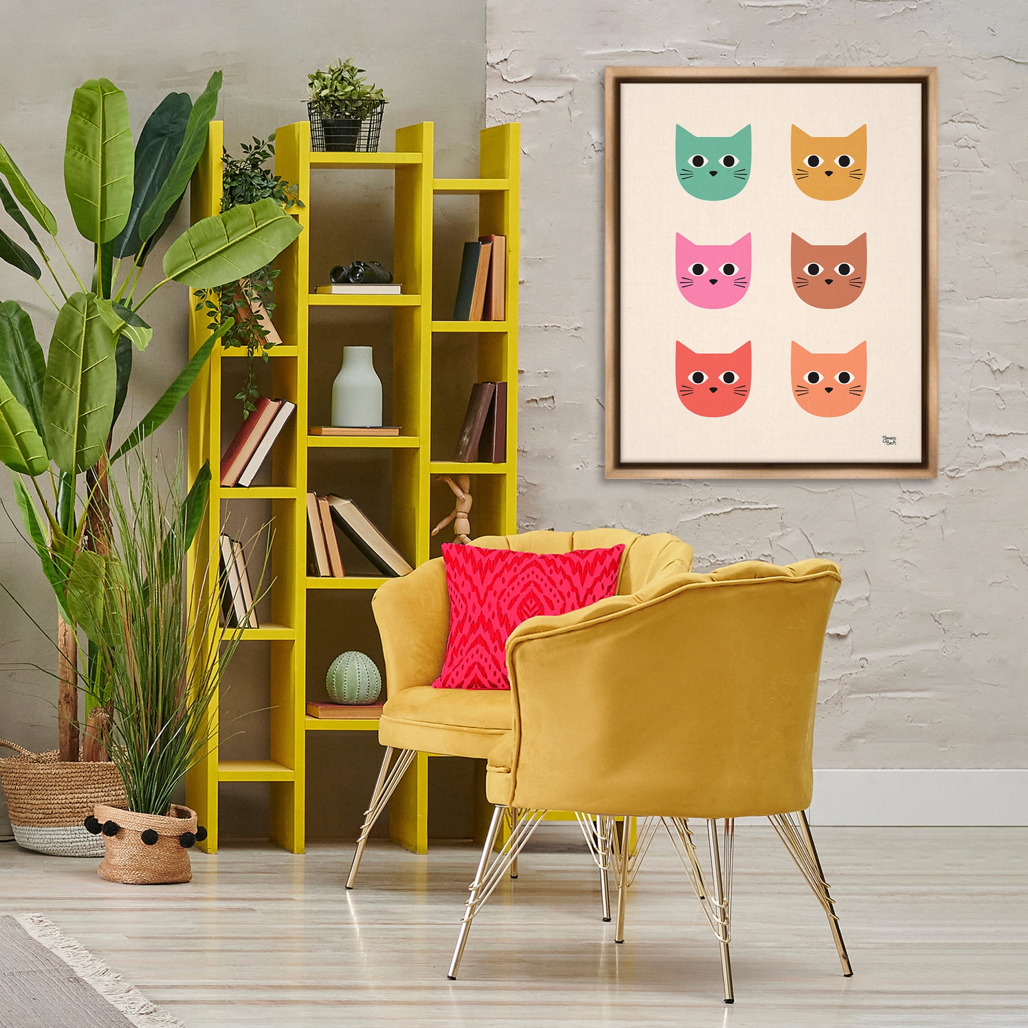 Stupell Industries Colorful Cat Faces Animals Painting Brown Floater Framed Canvas Art Print Wall Art, 25 x 31