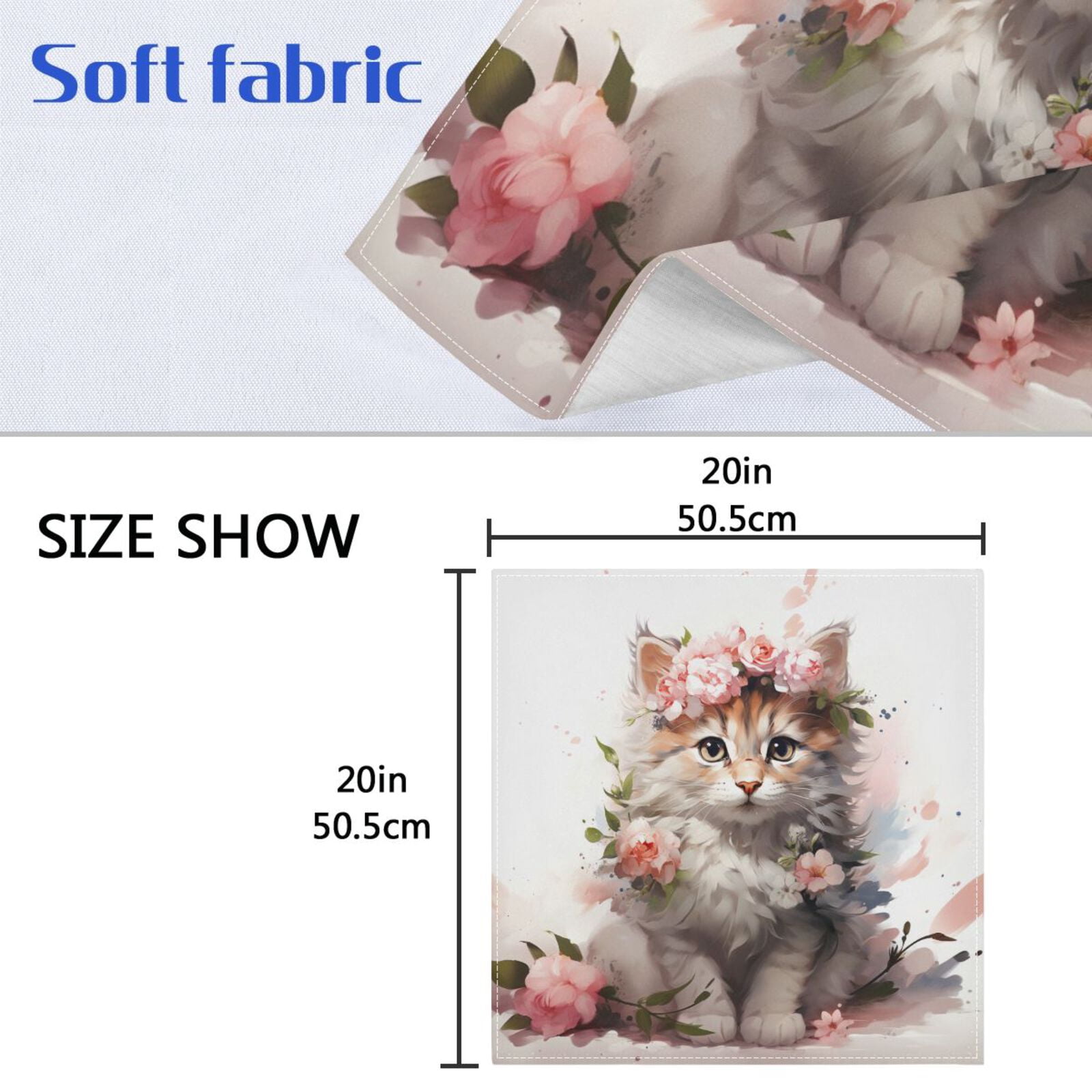JSTEL Cat Kitten Rose Flowers Cloth Napkins Set of 6, 20x20 Inch Washable and Reusable Napkin for Decoupage Dinner Party Everyday Use
