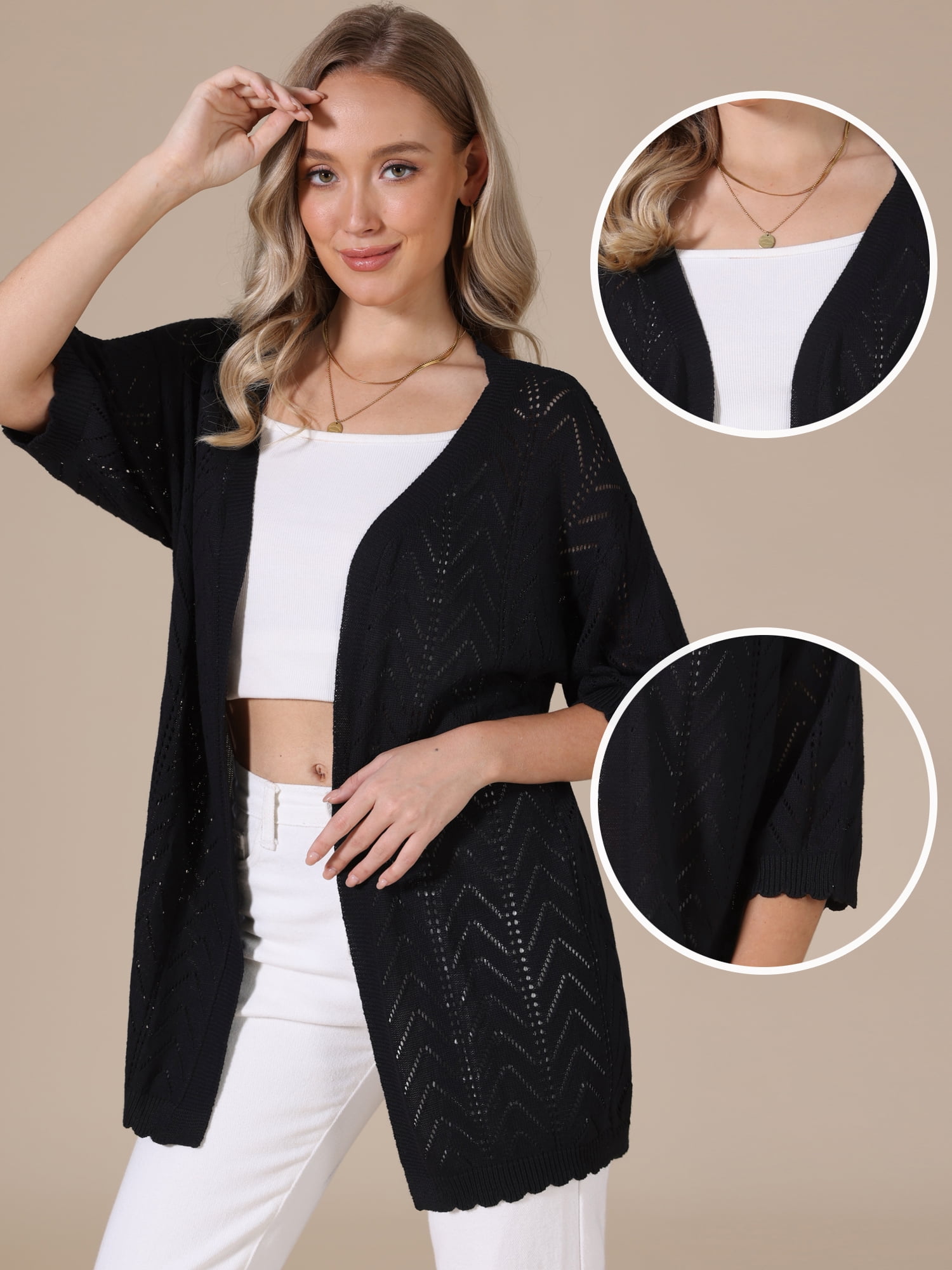 DARING DIVA Women's Lightweight Open Front Crochet Cardigan Sweaters L Black