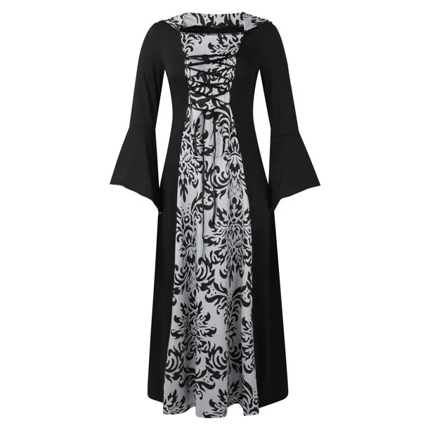 Womens Halloween Costumes 2024 Cosplay Gothic Dresses Retro Literary Long-sleeved Lace-up Waist Hooded Large Swing Dress Printed Dress