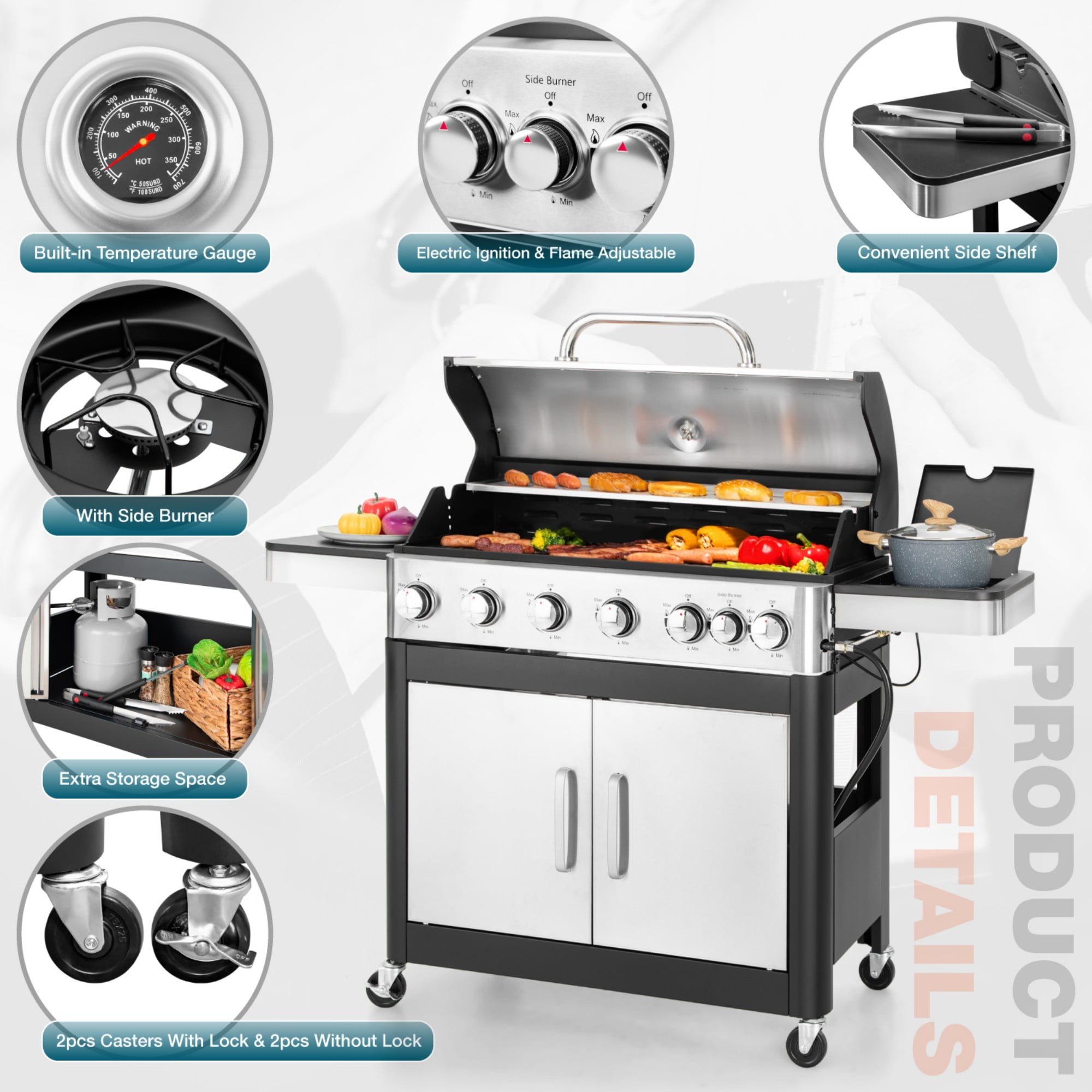 Summit Living 6 Burner Propane Gas Grill with Side Burner Stainless Steel BBQ Grill