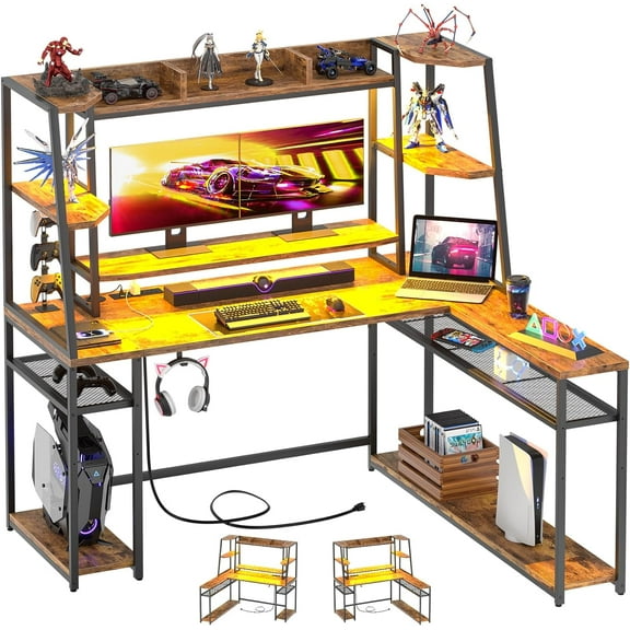 63" L Shaped Gaming Desk with Power Outlets and Hutch, Reversible L Shaped LED Computer Desk with Storage Shelves, Corner Gamer Desk with Monitor Stand and Storage Bag, Rustic Brown