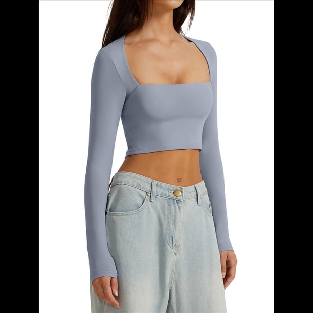 Top Corto Básico Informal Ajustado con Doble Forro, Cuello Cuadrado y Larga para Mujer Azul M