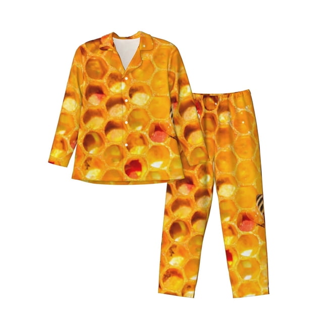Fotbe Bees on Hive Honeycomb Pijama de Hombre con Estampado de Manga Larga, Conjunto de 2 Piezas, Ropa de Dormir Suave y Cómoda con Bolsillos-Medium