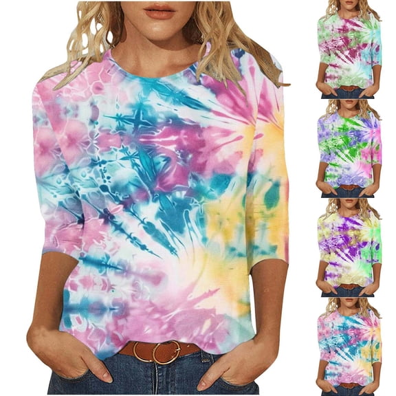 Jsaierl 3/4 Sleeve Womens Tops Casual Round Neck Shirts Trendy Graphic Petite Blouses Going Out Dressy T-shirts Top S-5XL