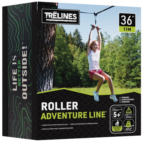 Trelines: Roller Adventure Line 36 ft - Zipline, Grip Bar Handle, Ratchet Setup Between 2 Trees, Outdoor Sport Play, 200lb Cap, Adults & Kids Ages 5