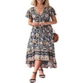 thumbnail image 2 of Robe Boho Longue d'Été pour Femmes à Manches Courtes V Cou Irrégulière Ourlet Cravate Robe Florale, 2 of 3