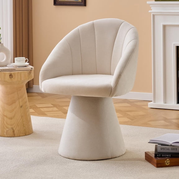 Swivel Accent Armchair with Chenille Fabric, Comfy Vanity Chair with Curved Backrest, Upholstered Dining Chair for Living Room, 360° Swivel, Beige