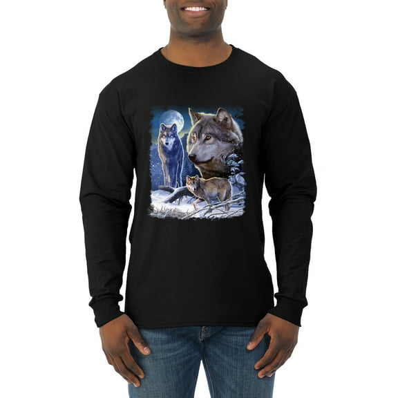 Wolves and the Moon in the Winter Night | Mens Animal Lover Long Sleeve T-Shirt, Black, Small