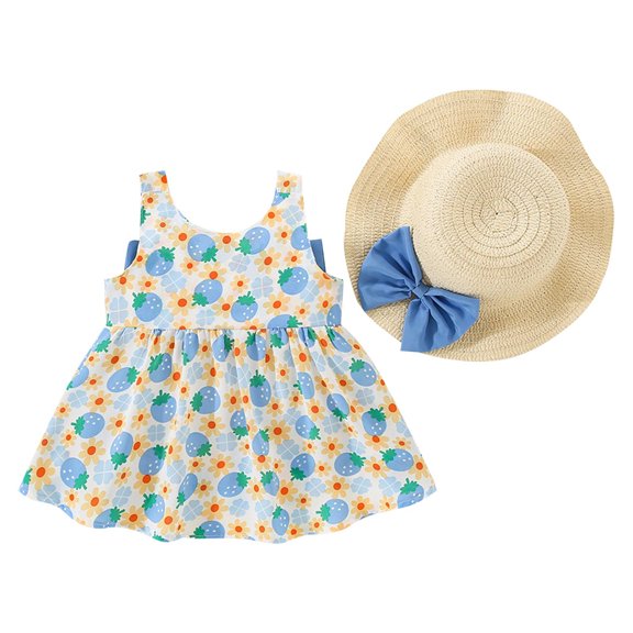 TOOYOU Girls Dresses Toddler Sleeveless Bowknot Strawberry Prints Ruffles Princess Dress Dance Party Dresses Sweet Girl Adorable Sundress ,Size 12-18 Months , Blue