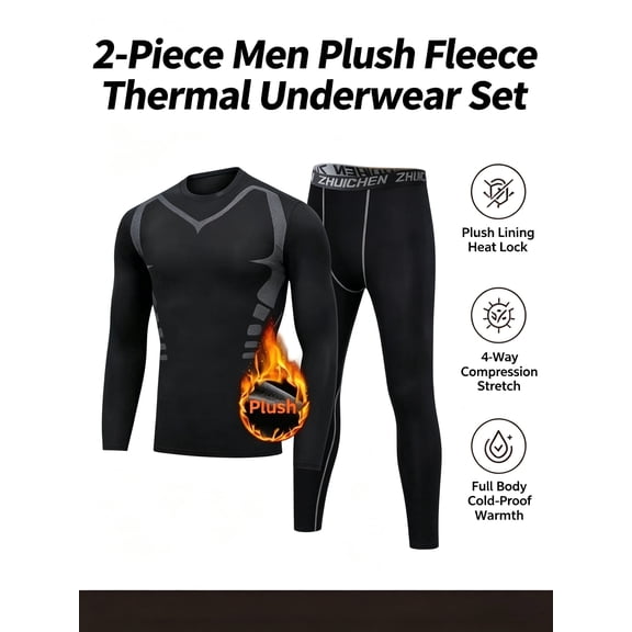 Men's Fleece-Lined Compression Thermal Set, Thick Fleece-Lined Long-Sleeve Thermal Underwear Set, 4-Way Stretch Base Layer for Cold Weather, Ideal for Outdoor Skiing and Everyday Layering