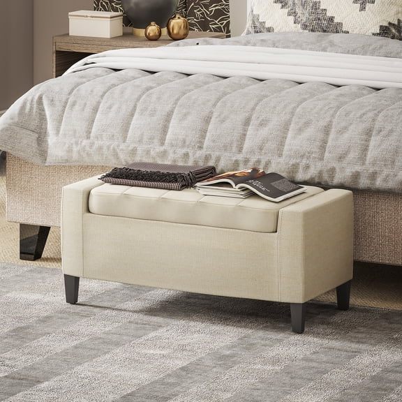 36" Linen Upholstered Storage Ottoman Bench with Lift Top, Rubberwood Legs for Living Room, Bedroom, Beige