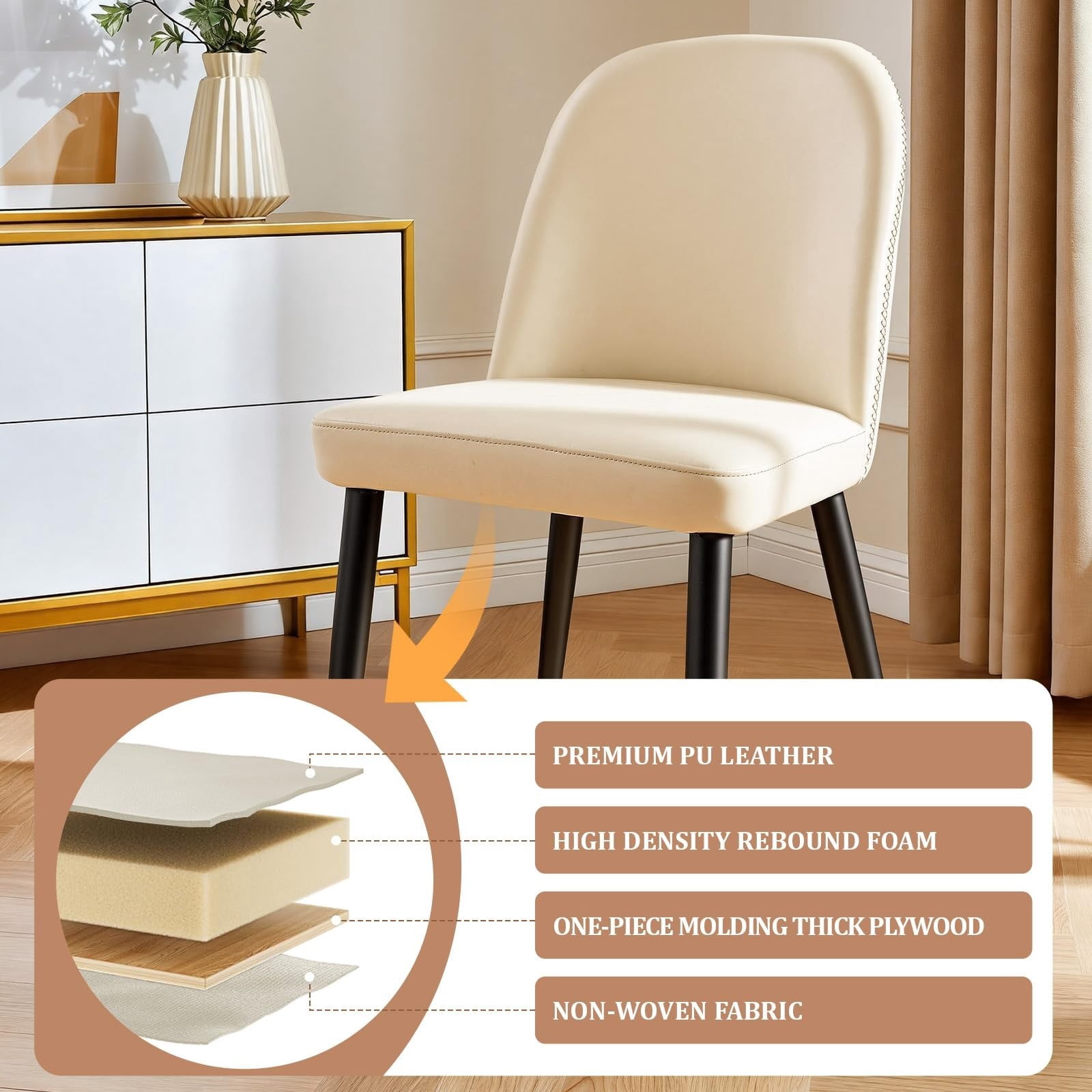 Beige Leather Dining Chairs Set of 2, Modern Upholstered Armless Kitchen Chairs with Metal Legs, Ergonomic Side Chairs for Dining Room, Restaurant, Living Room & Meeting Room