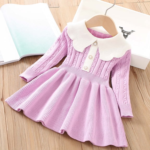 Girls' Dress Lapel Knitted Long Sleeve Fall Solid Color Dress for Girls 1-6Y