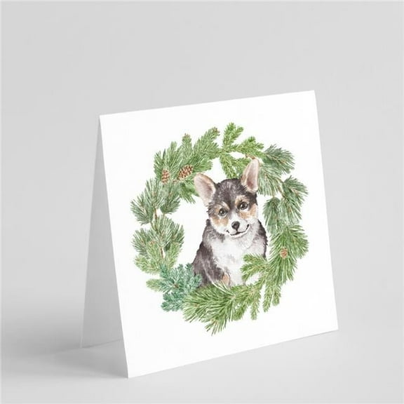 Corgi Tricolor Puppy with Christmas Wreath Square Greeting Cards and Envelopes Pack of 8 5 in x 5 in