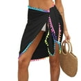 thumbnail image 6 of Women Pom Pom Trim Short Sarongs Beach Wrap Semi-Sheer Swimwear Cover Ups Skirt, 6 of 8