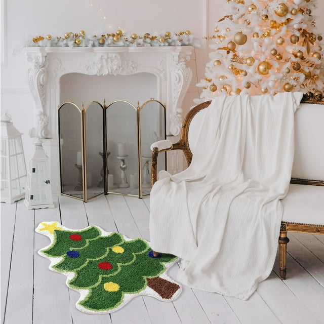 Tapis de Porte Rouges de Noël pour Entrée Extérieure, Tapis de Porte avant de Noël pour Entrée Intérieure, Tapis de Salle de Bain Sapin de Noël pour Salon Tapis Vert Absorbant Lavable Tapis de Bain Douche Doux Épais Tapis de Baignoire