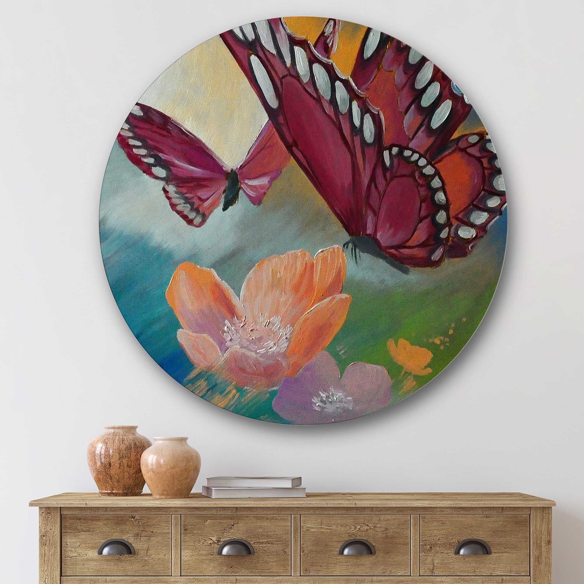 Designart 'Butterflies On Pink Flowers' Traditional Circle Metal Wall Art 29x29 - Disc of 29