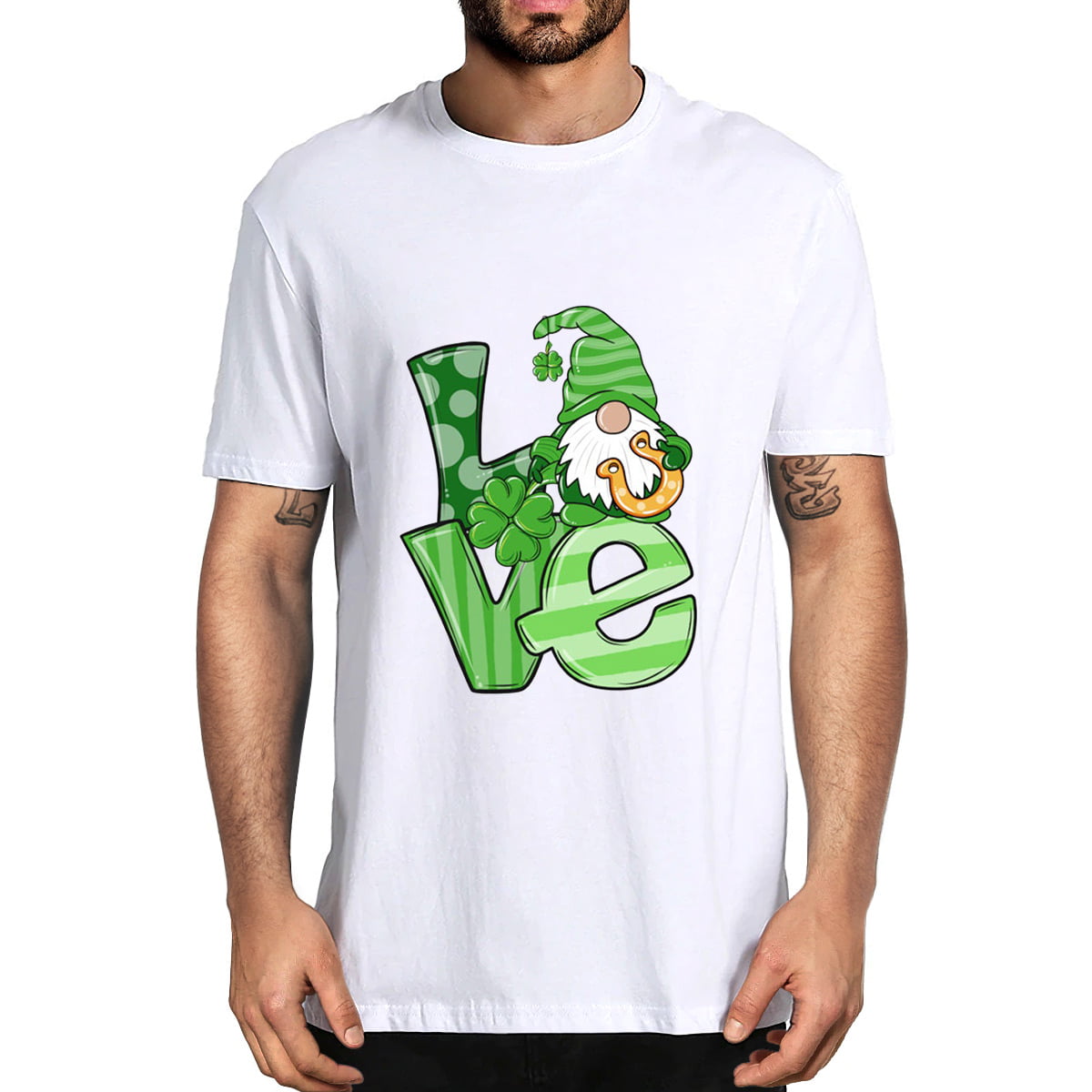 Green Clovers with Leaves St Patricks Day Mens T Shirts Graphic Funny Body Print Short T-Shirt Unisex Pullover Blouse