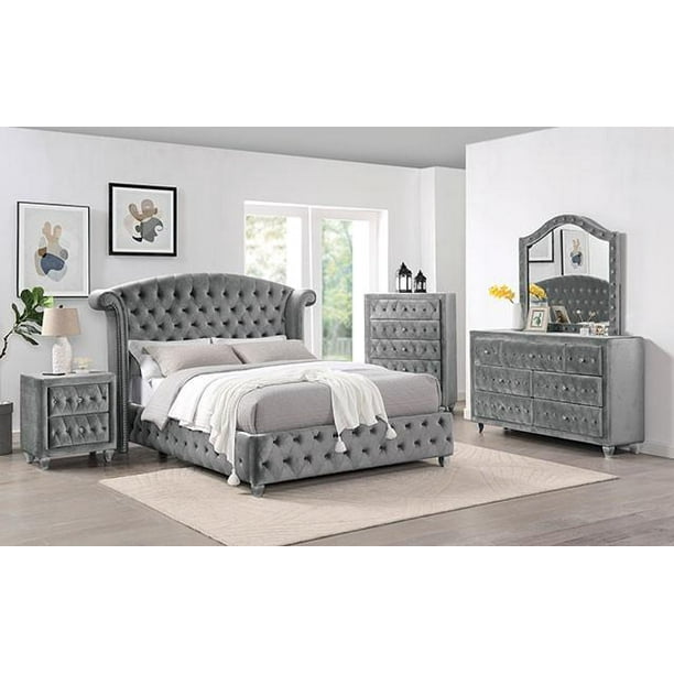 Transitional Gray Solid Wood King Bedroom Set 6pcs FOA CM7130GY Zohar
