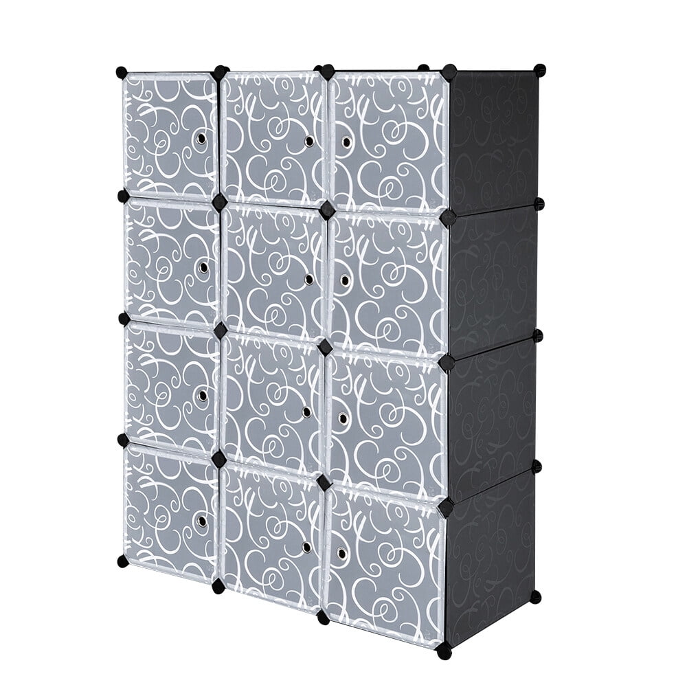 Private Jungle 12 Cubes Shelves Units, Closet Cabinet Bookshelf, DIY Plastic Modular Storage Cube Organizer w/Pattern White Doors and Hammer - Black