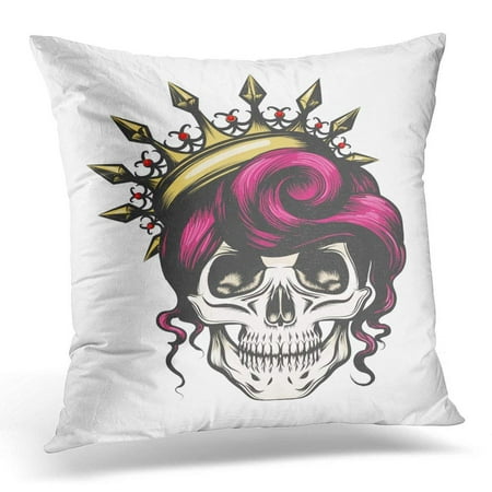 Extra Long Couch Pillows ARHOME Black Girl Female Skull with Crown and Long Hair Queen of Death Drawn in Tattoo Style Red Skeleton Pillows case 20x20 Inches Home Decor Sofa Cushion Cover ()