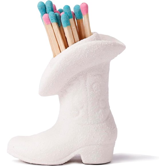 ZUHSAN Cowboy Boot Match Holder With Striker for decorative matchsticks - Ceramic Cowgirl Boot Decor Aesthetic Small Cute Matchstick Box Western Decorative Mini Matchesboxes For Bathroom (White)