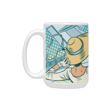 

Going Away Party Decorations Retro Lady Escorts Aircraft Pop Art Style Travel Comic Light Blue Yello Ceramic Mug (15 OZ) (Made In USA)