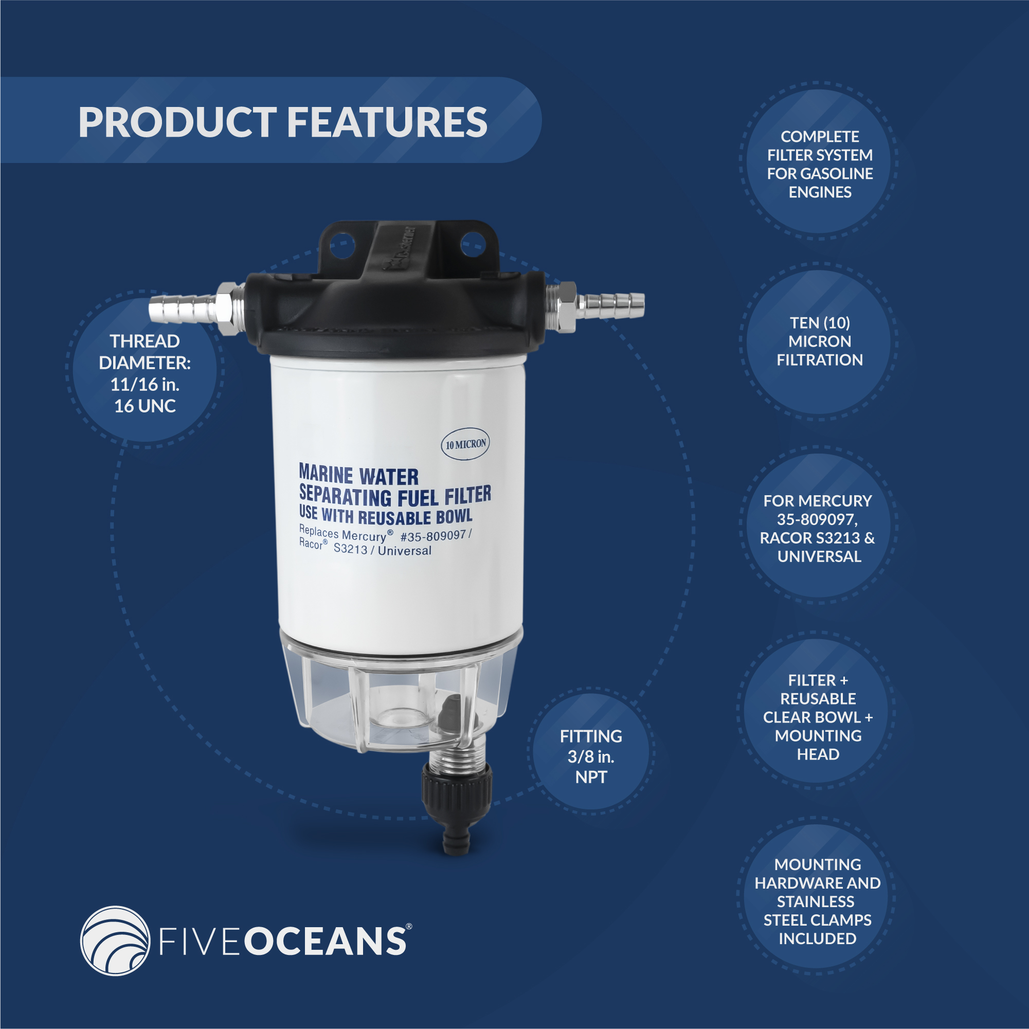 SeaSense Fuel Filter Kit With Clear Bowl - 10 Micron, Aluminum Head, For Outboard Motors (Gas)