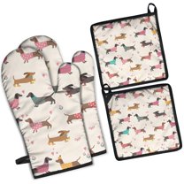 Colorful Funny Dachshund Kitchen Oven Mitt and Pot Holder Sets 4 Pcs for Baking, Cooking and Grilling, Heat Resistant Up To 392 °F